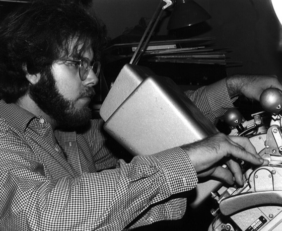 Brad Mays editing “Stage Fright” on a Moviola, 1987